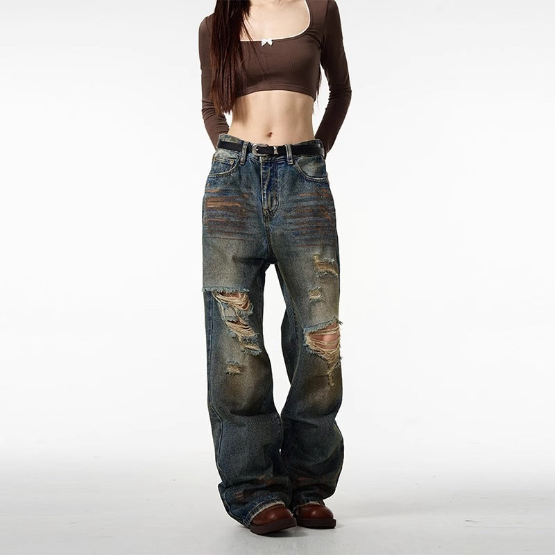 Street Retro Ripped Jeans Men Spring Autumn New Fashion Brand Cool Straight Loose Long Pants