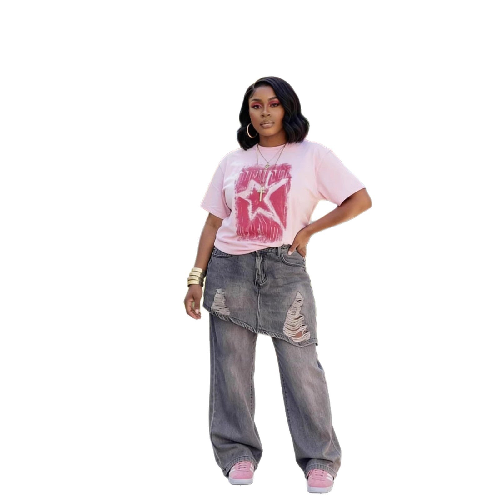 Street Style Irregular Ripped Denim Pants with False Two-Piece Design
