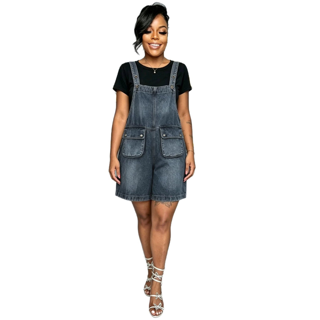 Casual Double Pocket Loose Washed Denim Overalls Shorts