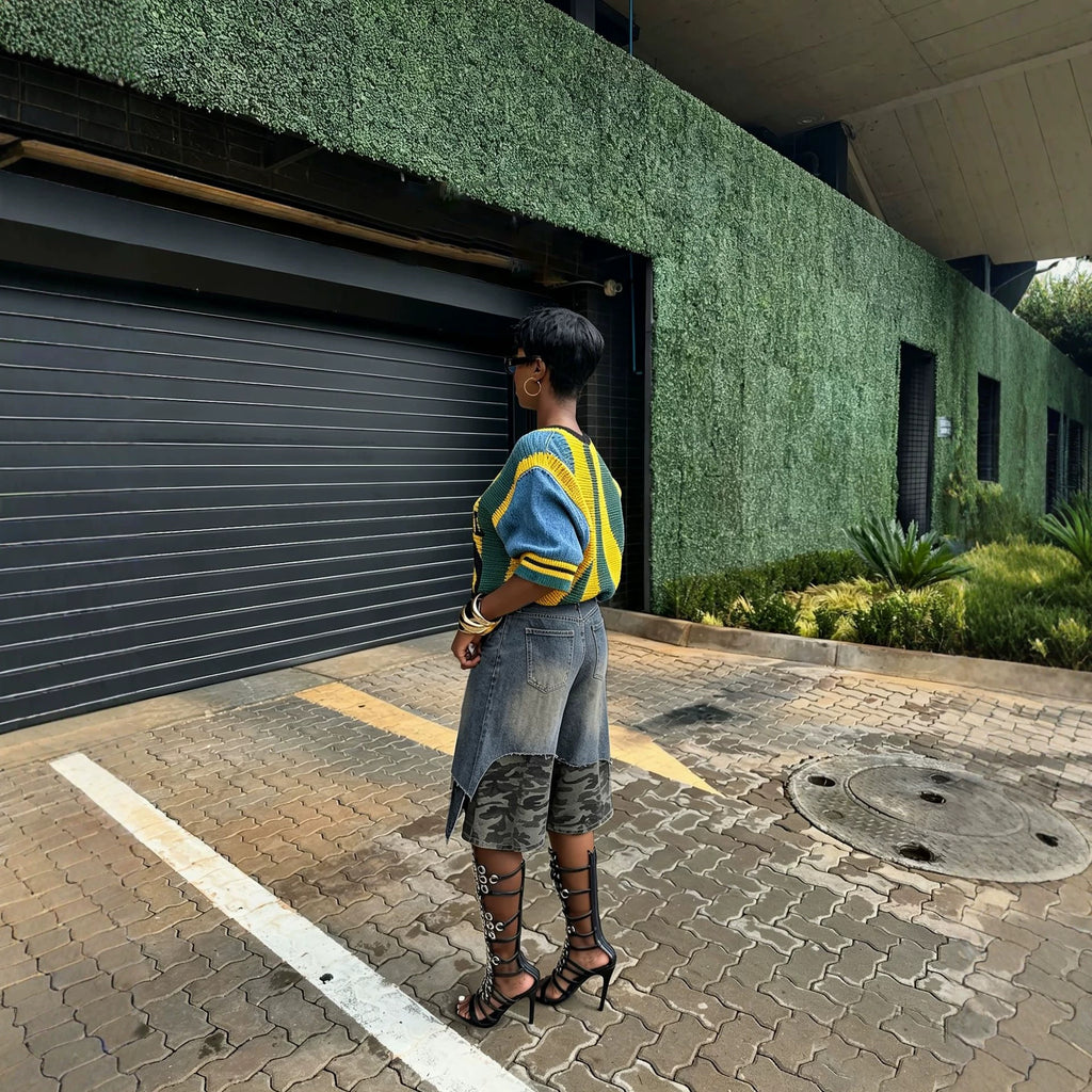 Street Style Two-Piece Camouflage Patchwork Ripped 7/8 Denim Shorts