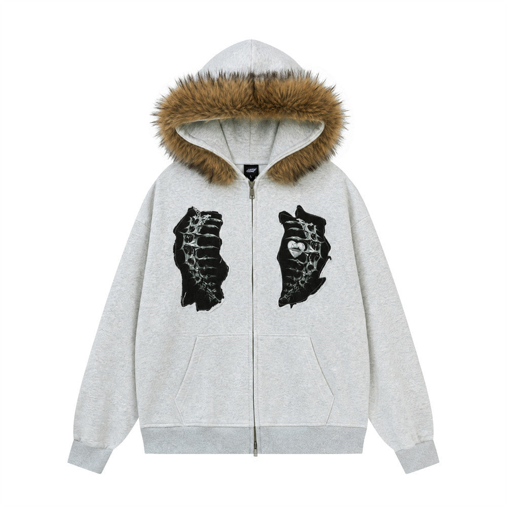 Adhesive bone print hooded jacket