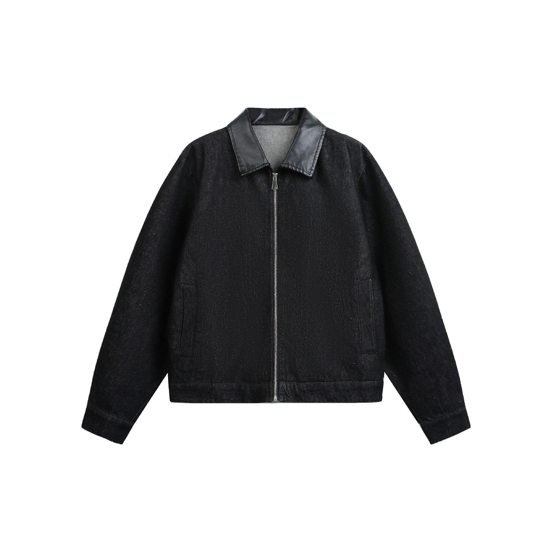 PU Leather Patchwork Burnout Denim Jacket for Men with Turn-down Collar