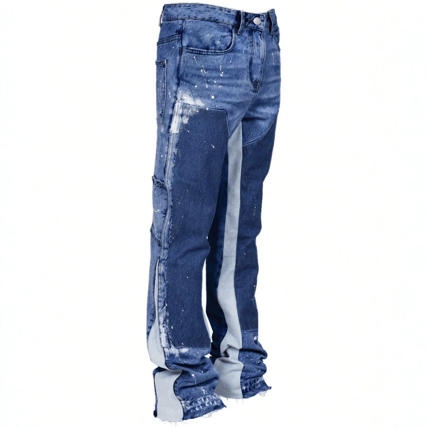 Workwear Denim Pants Men Straight Leg Layered Patchwork Stylish Casual Jeans