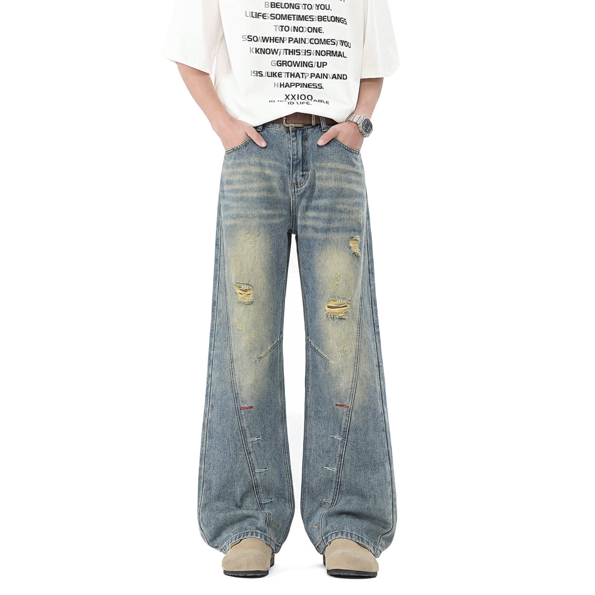 Colorful Buttonhole Diagonal Cut Jeans Men's Pants