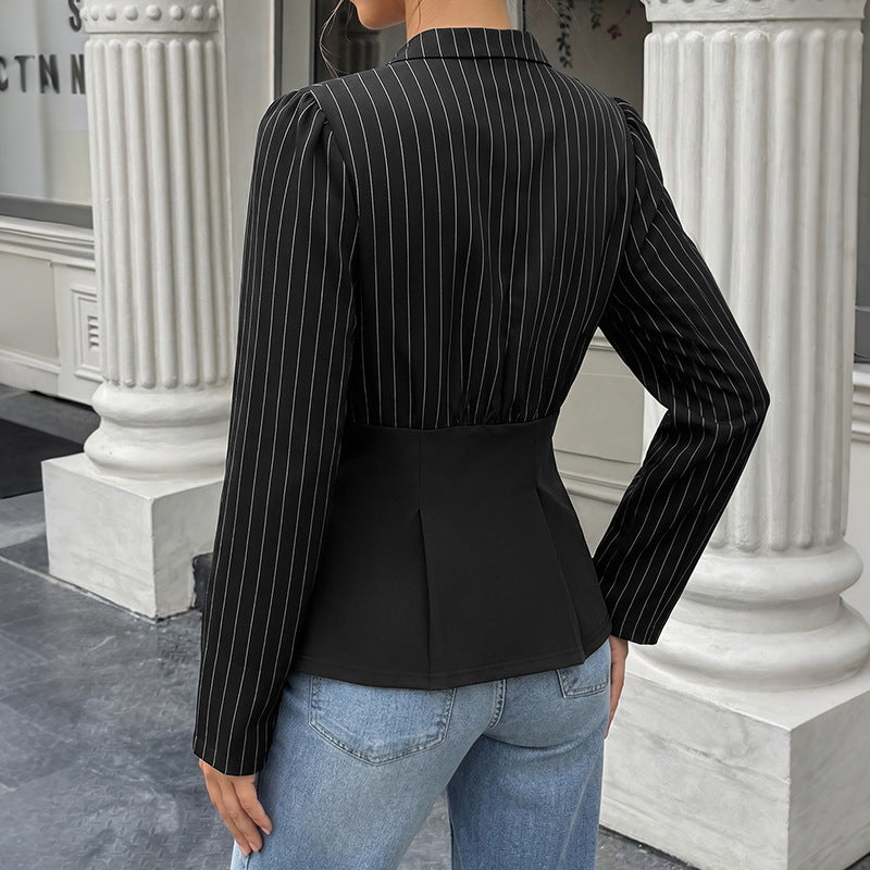 Striped waist cinched long sleeved shirt