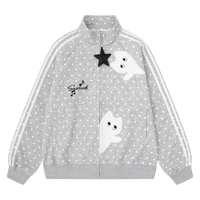 Grey polka dot star accessory loose stand up collar zipper casual cardigan