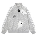 Grey polka dot star accessory loose stand up collar zipper casual cardigan