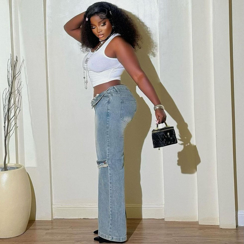 Women's Straight Leg Jeans Fashion Retro Distressed Casual Pants