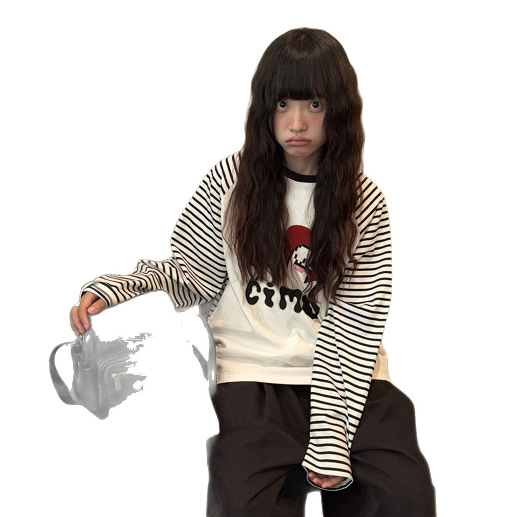 Black and White Stripe Letter Long Sleeve T-Shirt for Women