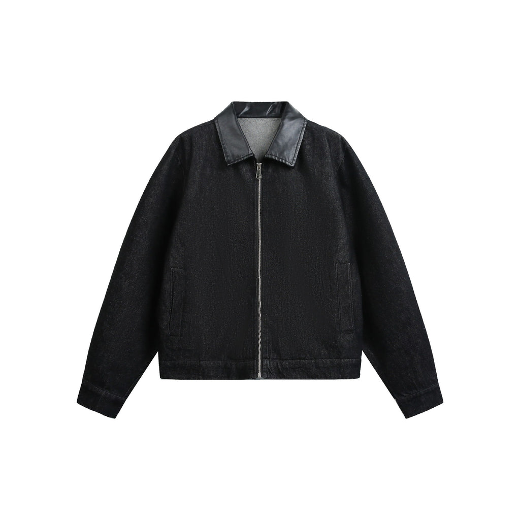 PU Leather Patchwork Burnout Denim Jacket for Men with Turn-down Collar