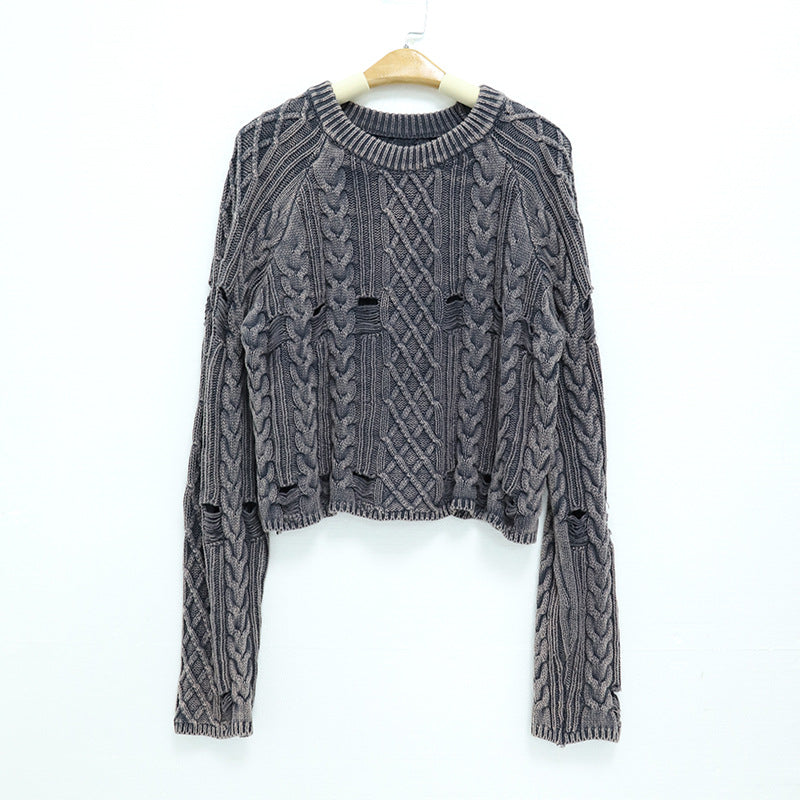 Round neck long sleeved short sweater with holes