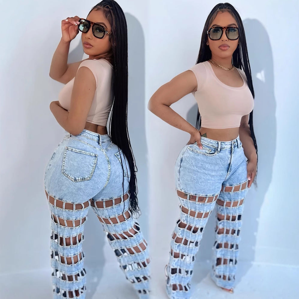 Ripped Women's Jeans, High-Waisted Straight Leg Denim Pants, Street Style Hollow Out Fashion