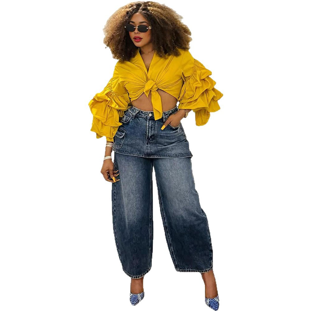 Women's fake skirt jeans women's fashion personality splicing high waist short skirt straight leg pants