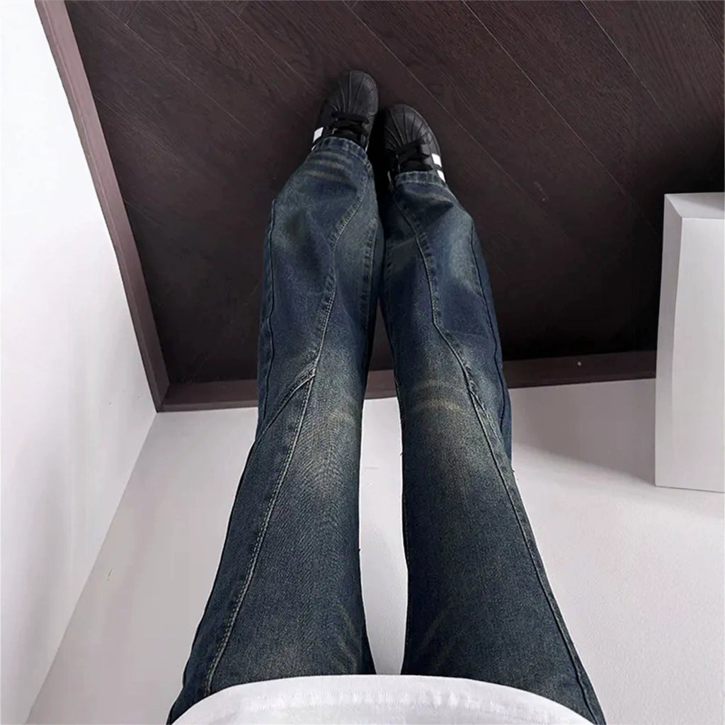 Retro Style Men's Black Wide-Legged Flared Denim Pants, High Street Fashion Design, Versatile Casual Trousers