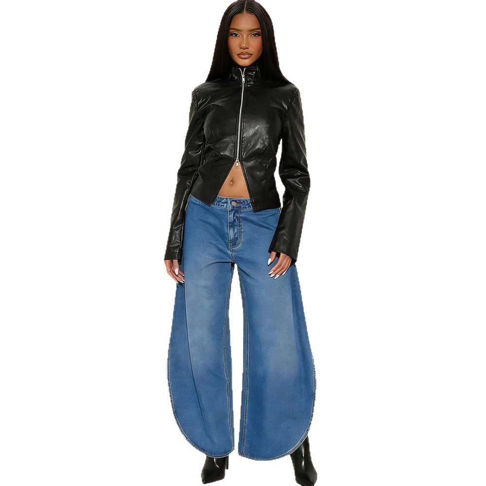 High-Waisted Wide-Leg Denim Pants with Washed Finish and Slit Street-Style Women's Fashion Jeans