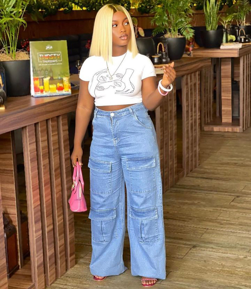 Women's Street Fashion Washed High-Waist Denim Pants with Large Pockets, Loose Casual Straight Leg Pants