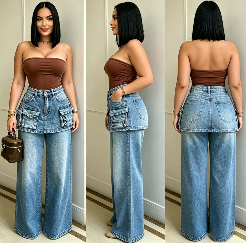 High-Waisted Wide-Leg Jeans for Women, Fashionable Multi-Pocket Faux Two-Piece Pants Skirt