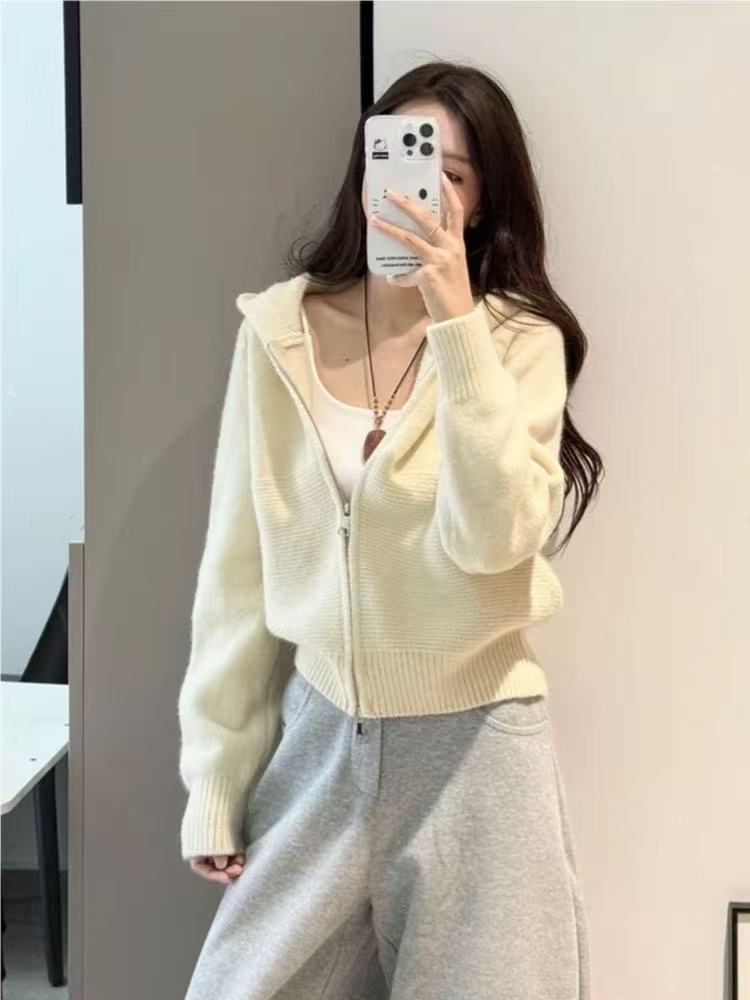 Casual Wavy Pattern Double Zipper Hooded Knit Cardigan for Women,Sweater Top
