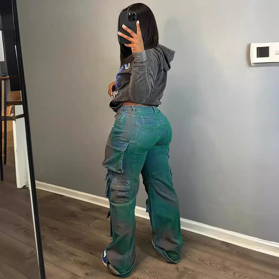 Elastic Fabric Women's Fashion Multi-Pocket Loose Wide-Leg Spray-Dyed Straight Leg Cargo Pants