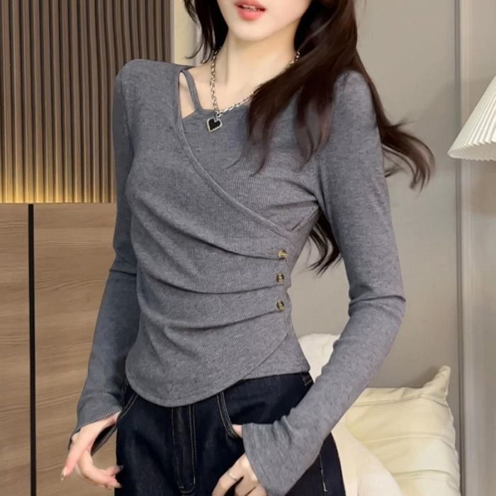 Fashion Long Sleeve T-Shirt for Women, Slim Fit, Bodycon, Stylish Top with Design Details, Autumn Winter Casual Wear