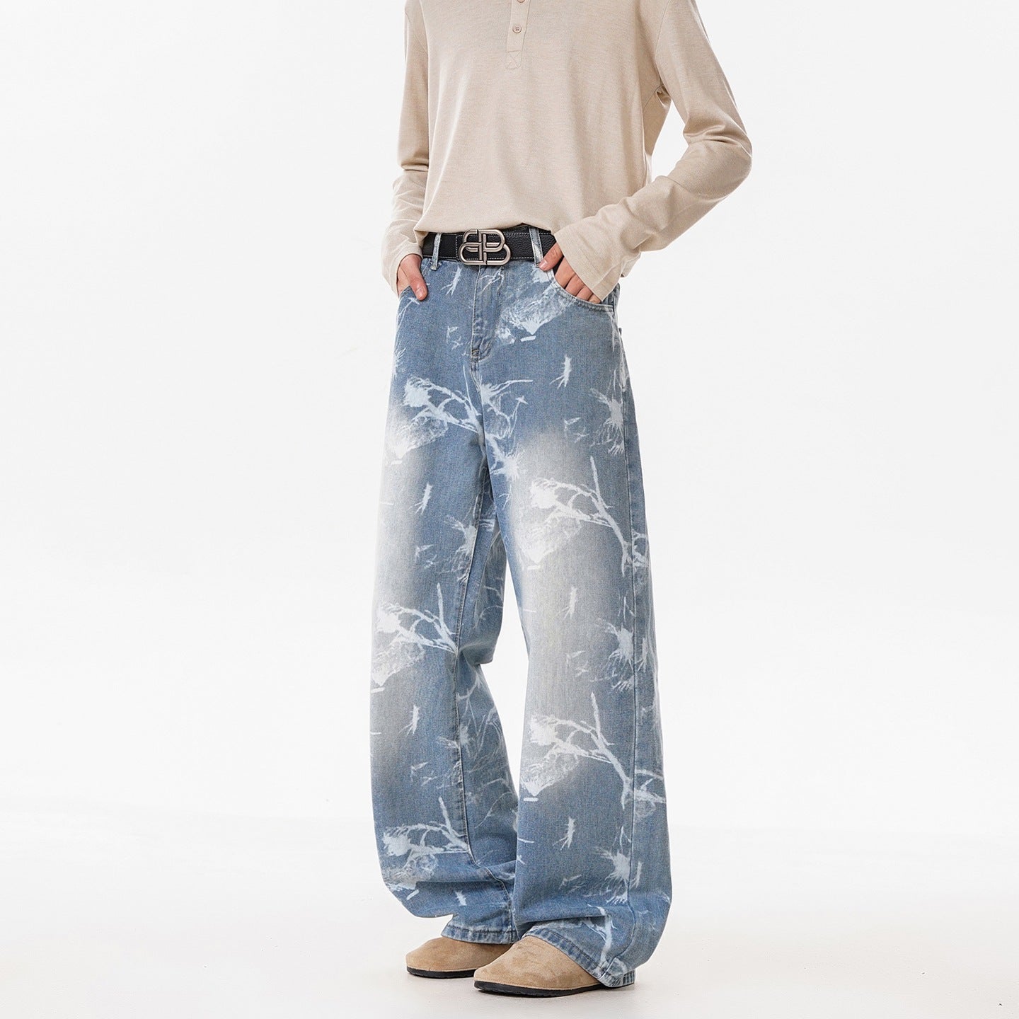 Deep Blue Denim Pants Men's Streetwear Style Flared Knife Cut Trousers