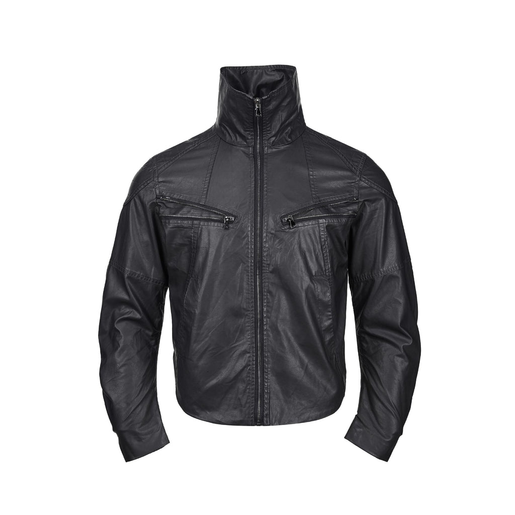 Deconstructed Stand Collar PU Leather Hunting Jacket