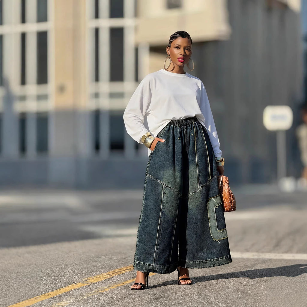 Vintage Patchwork Distressed Wide Leg Elastic Waist Jeans
