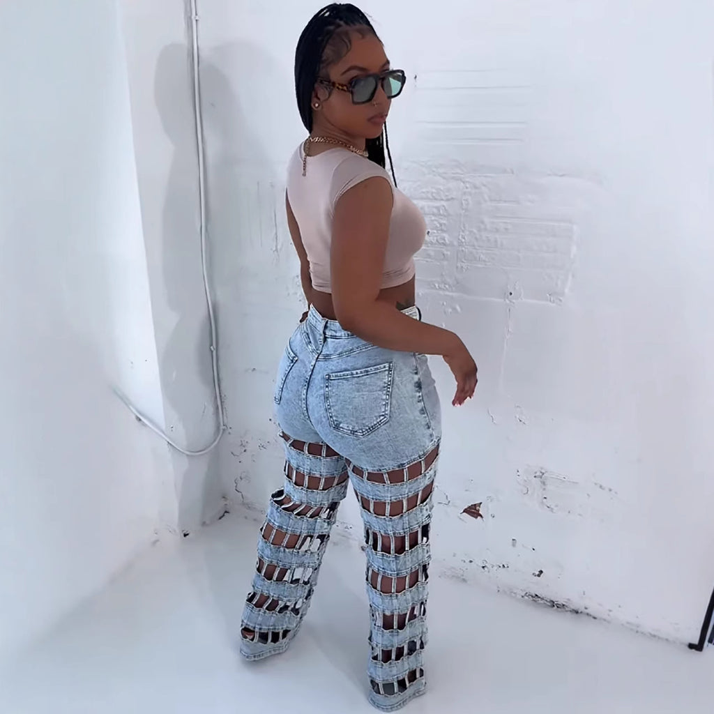 Ripped Women's Jeans, High-Waisted Straight Leg Denim Pants, Street Style Hollow Out Fashion