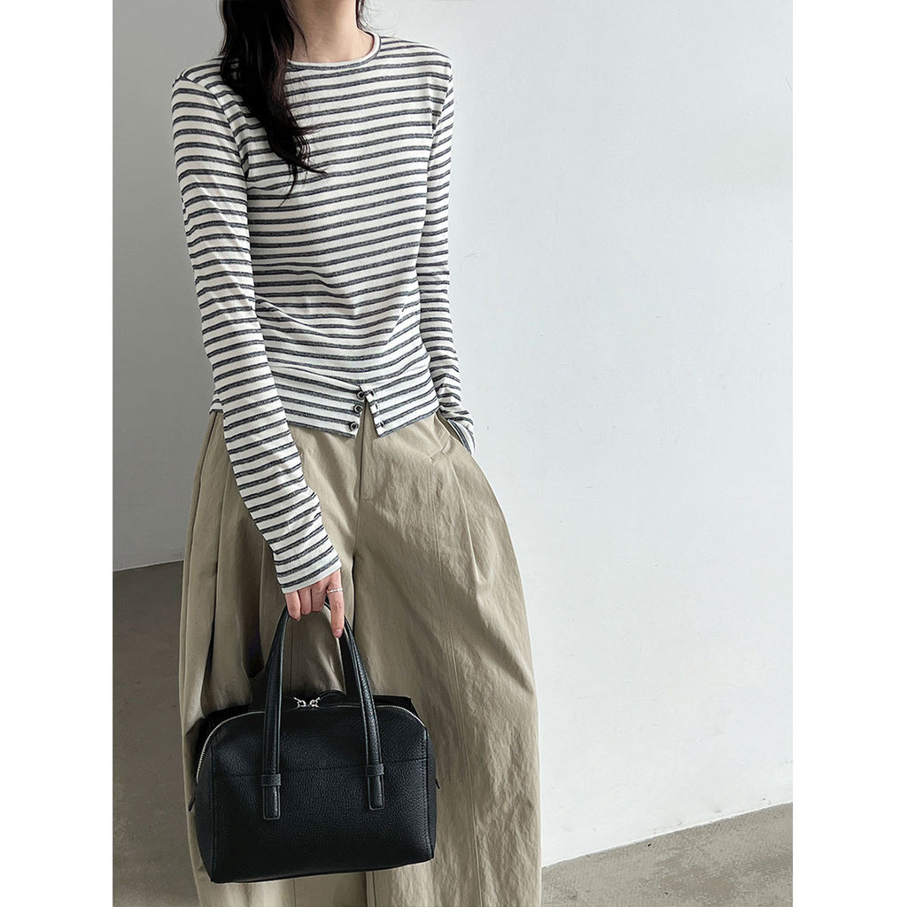 Deer West Simple and Versatile Striped Hem Button-Down Loose Fit Women's Basic Tee Long Sleeve T-Shirt