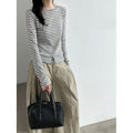 Deer West Simple and Versatile Striped Hem Button-Down Loose Fit Women's Basic Tee Long Sleeve T-Shirt
