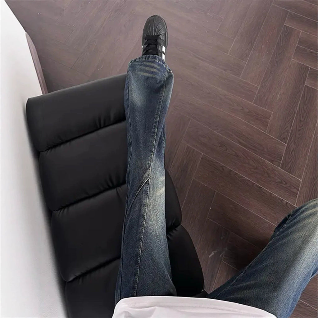 Retro Style Men's Black Wide-Legged Flared Denim Pants, High Street Fashion Design, Versatile Casual Trousers