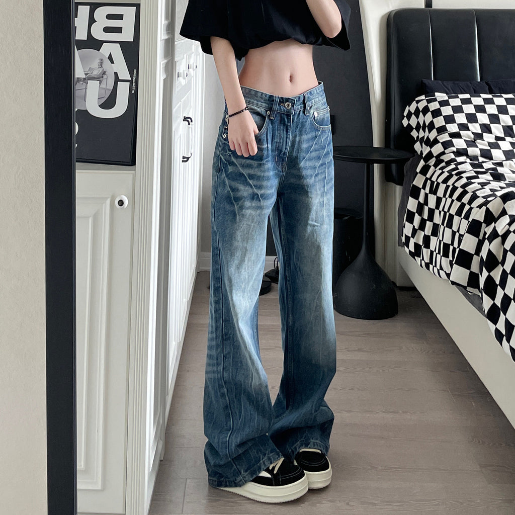 Washed Lightning Pattern Denim Pants Men Casual Loose Straight Leg Wide Leg Long Pants