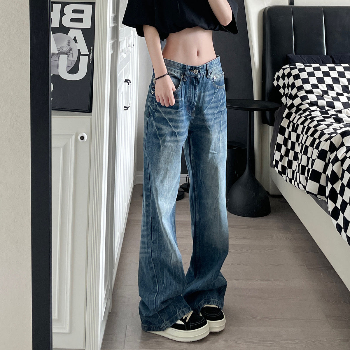 Washed Lightning Pattern Denim Pants Men Casual Loose Straight Leg Wide Leg Long Pants