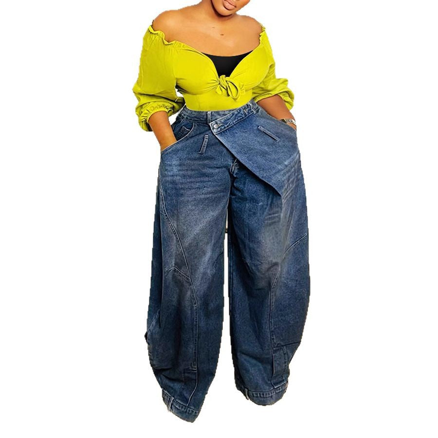 Retro Distressed Washed Reversed Waist Women's Jeans