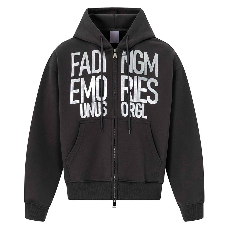 Charcoal ash short zipper hooded sweatshirt jacket
