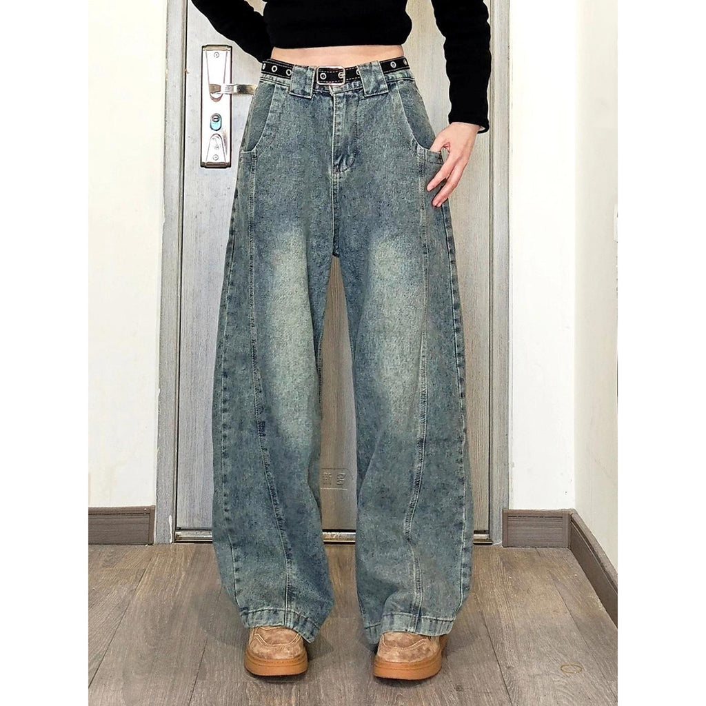 Retro Blue Patchwork Gradient Knife-Edge Jeans