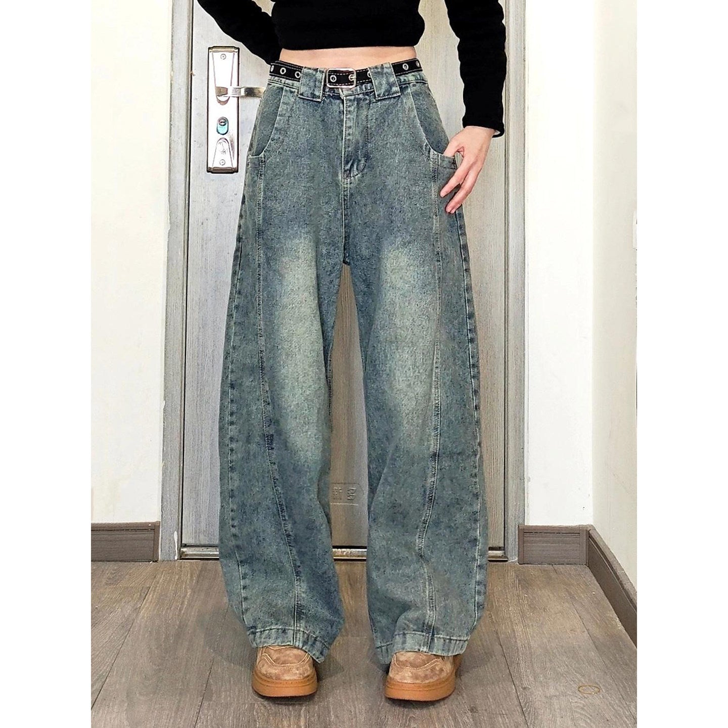 Retro Blue Patchwork Gradient Knife-Edge Jeans