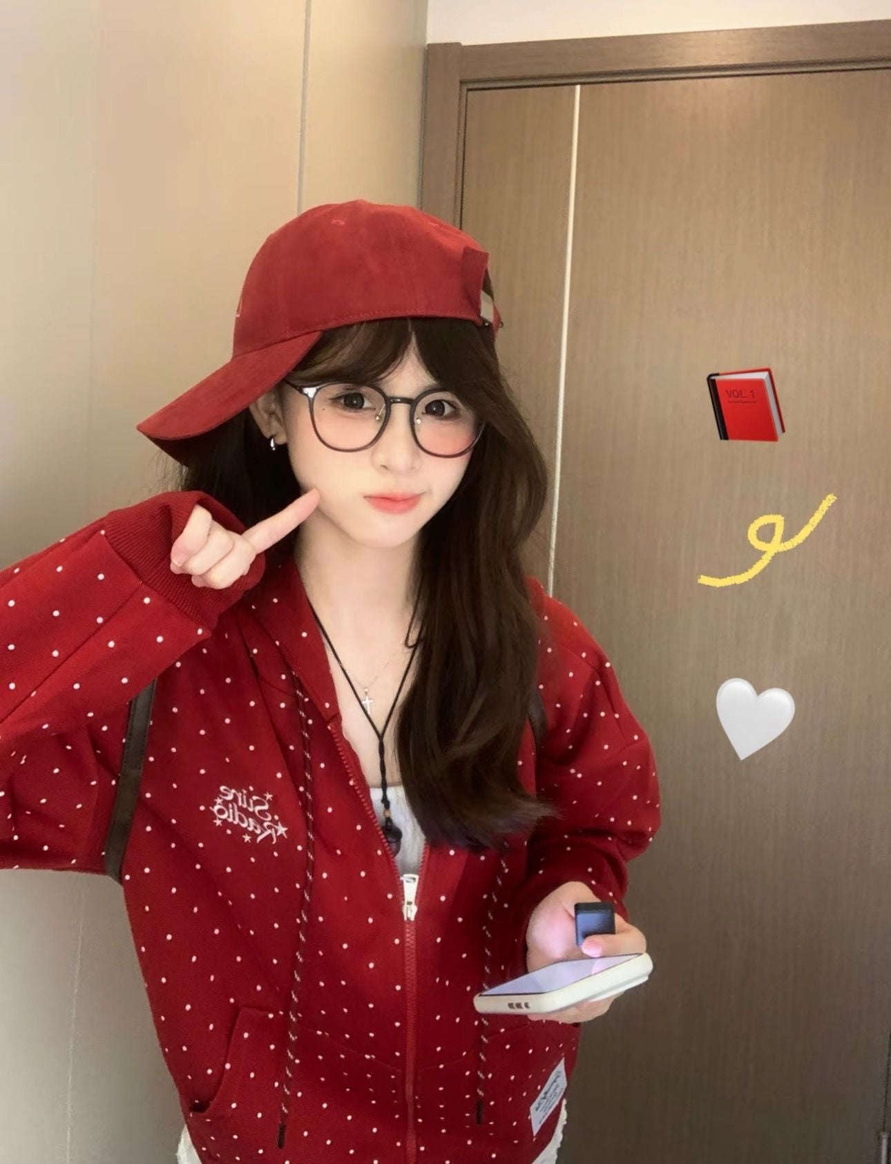 Casual Loose Zip-Up Hoodie with Red Polka Dots Long Sleeve for Girls