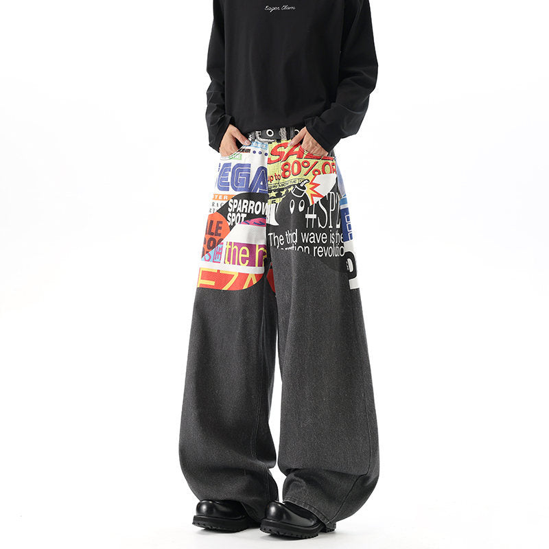 Casual Men's Letter Digital Print Denim Pants, Loose Fit, Street Style, Oversized Straight Leg Trousers