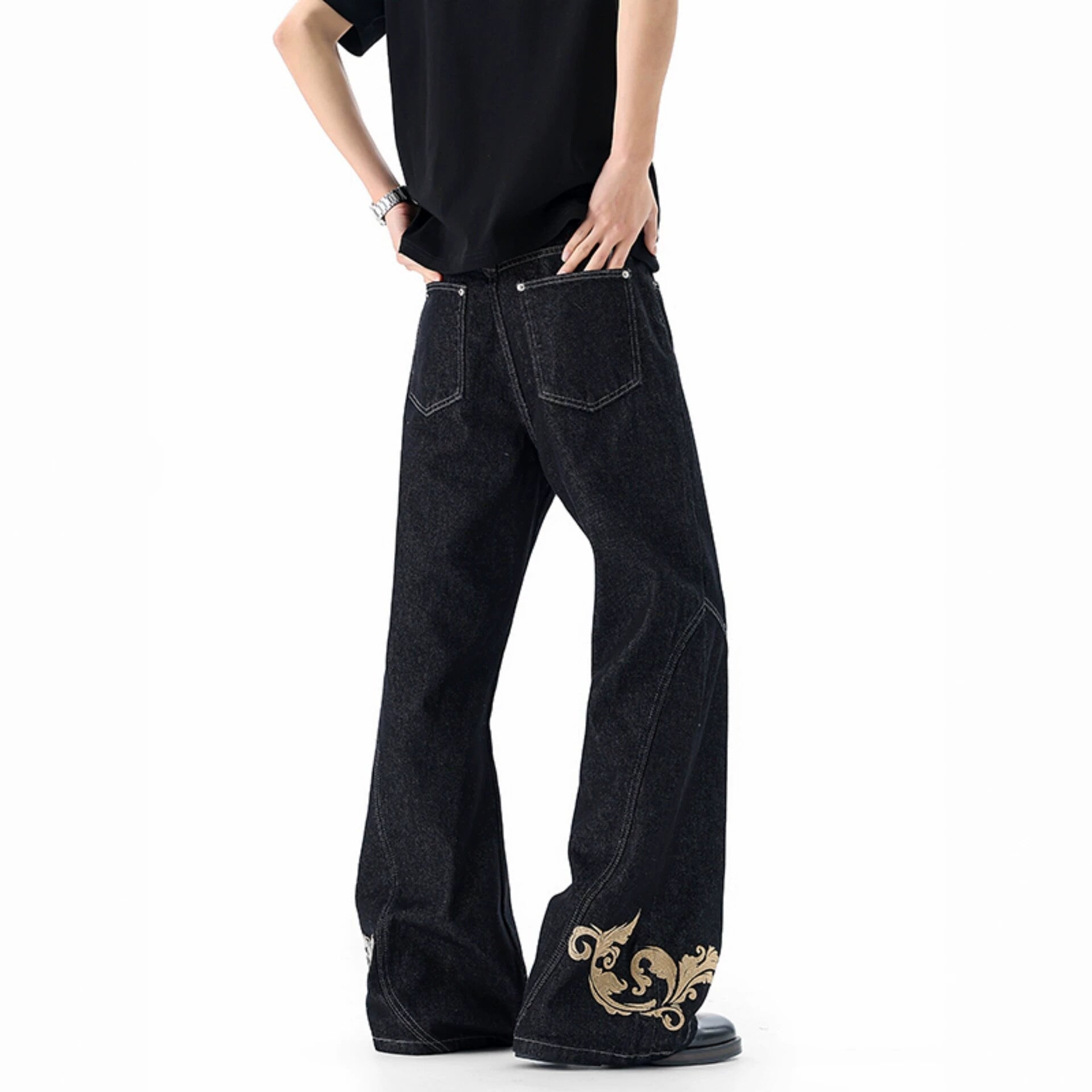Vintage Distressed Black Denim Pants Men's New Design Wide Leg Flared High Street Versatile Trousers