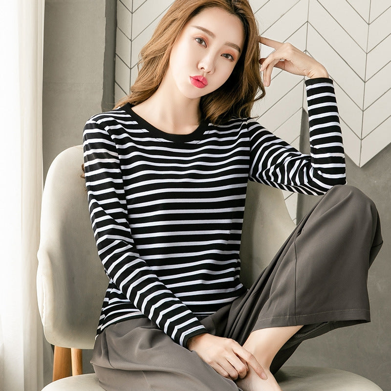 Chiffon Stripe Long Sleeve T-Shirt for Women, Loose Fit, Casual Top, Layering Shirt, Spring and Autumn Wear, Slimming Underwear
