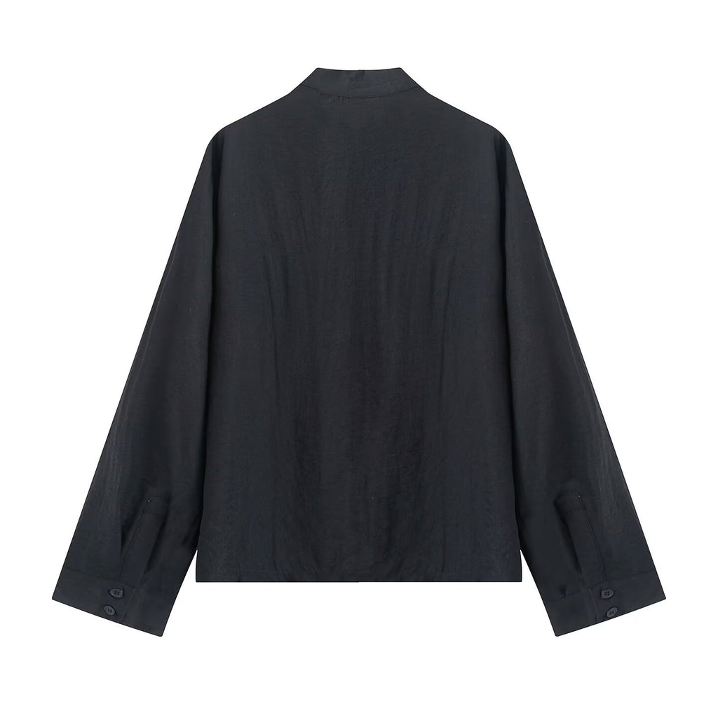 Long sleeved stand up collar satin rope buttoned shirt