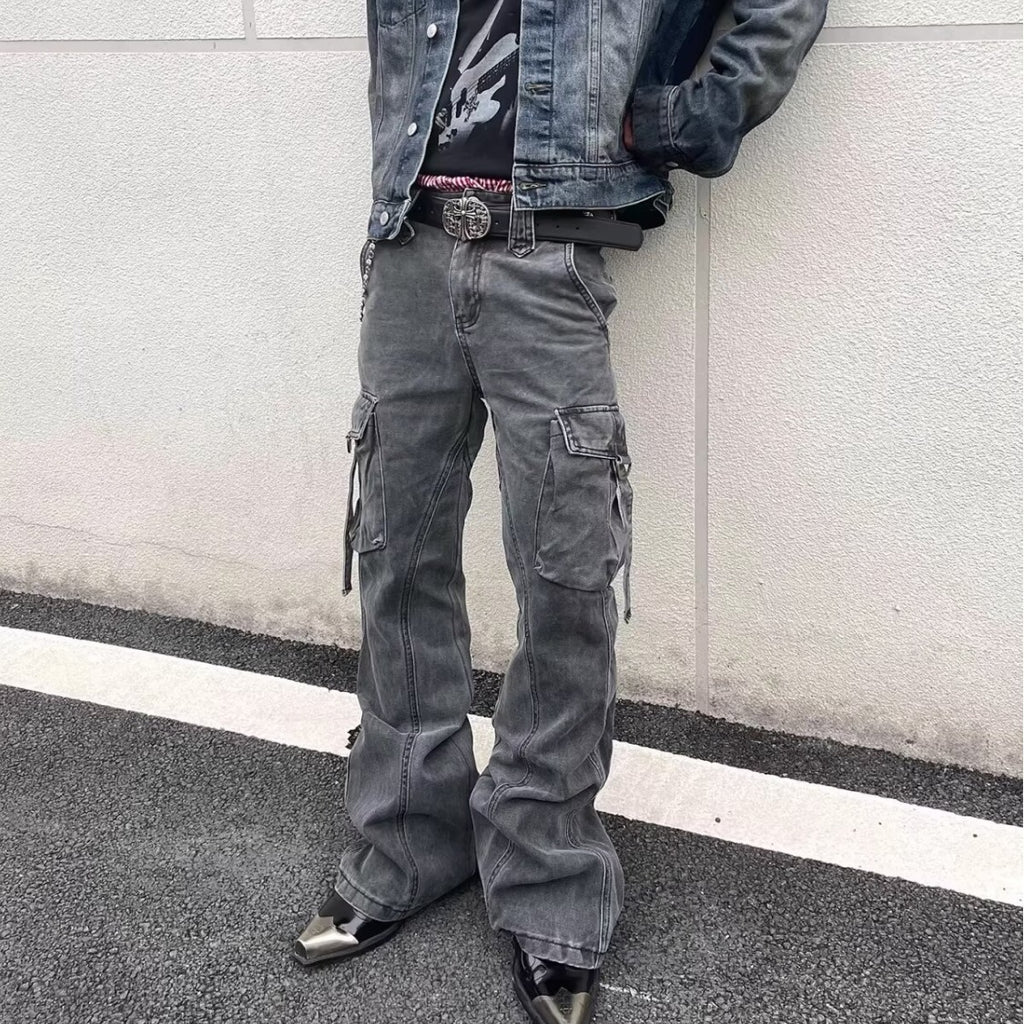 Street Style Distressed Washed Multi-Pocket Flared Cargo Jeans