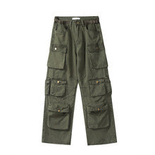 Heavy design sense, multi pocket workwear, straight leg long jeans, street style, loose and versatile casual wide leg pants