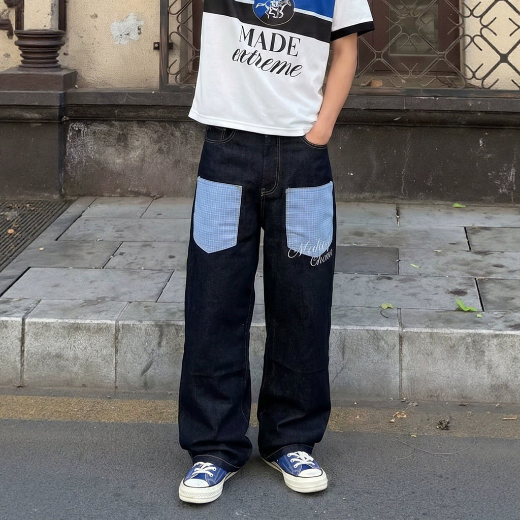 Men's Cargo Pants with Pocket Design, Streetwear Trendy Black Denim Trousers, Fashion Long Pants