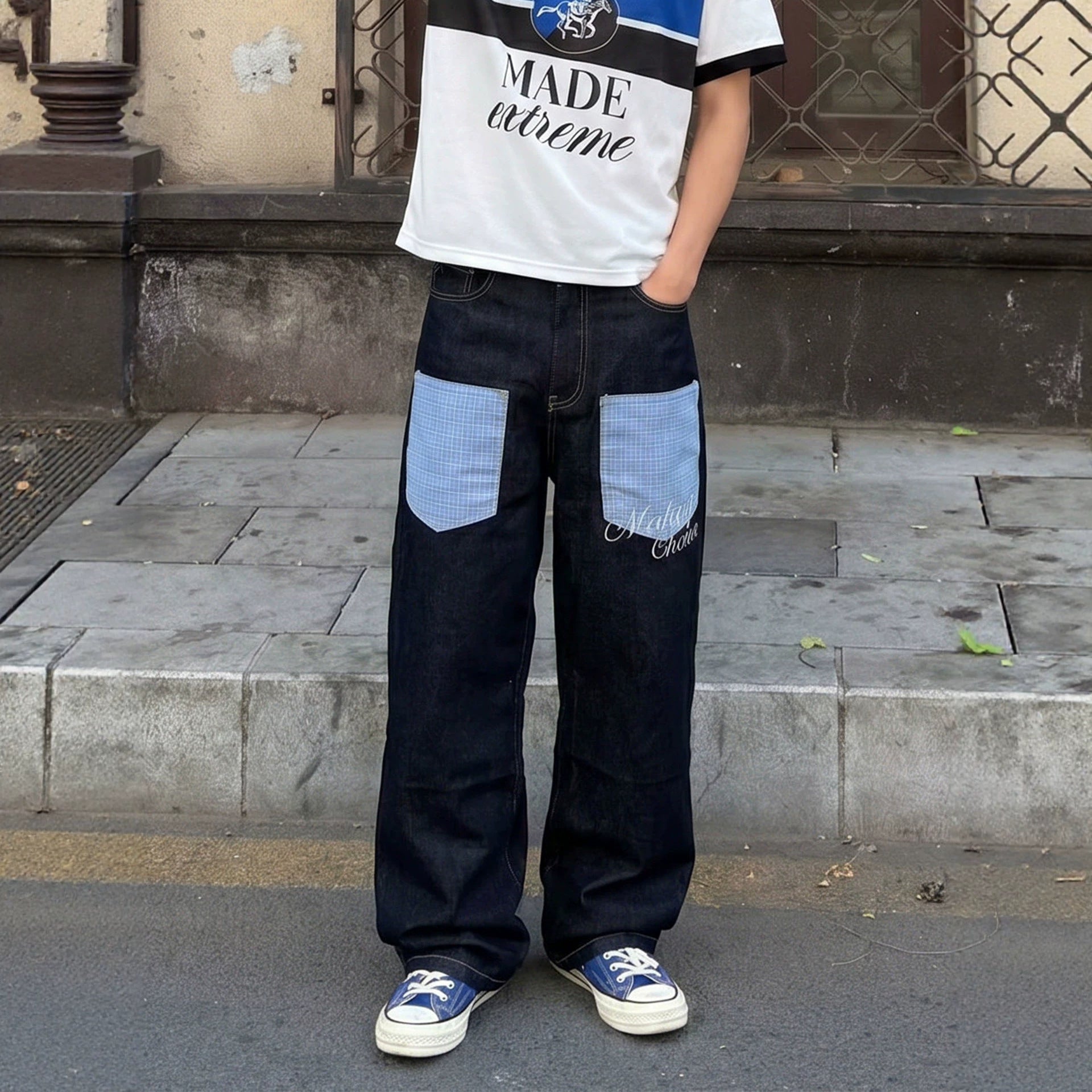 Men's Cargo Pants with Pocket Design, Streetwear Trendy Black Denim Trousers, Fashion Long Pants