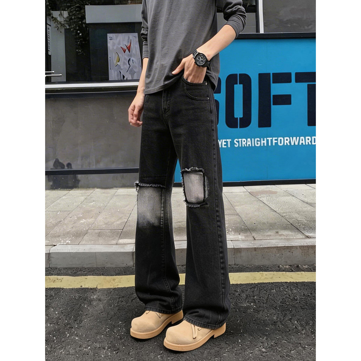 Street Style Light Gray and Charcoal Black Ripped Jeans for Men