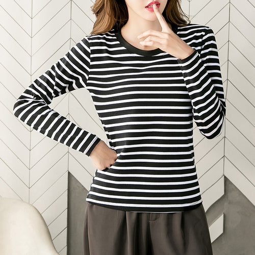 Chiffon Stripe Long Sleeve T-Shirt for Women, Loose Fit, Casual Top, Layering Shirt, Spring and Autumn Wear, Slimming Underwear