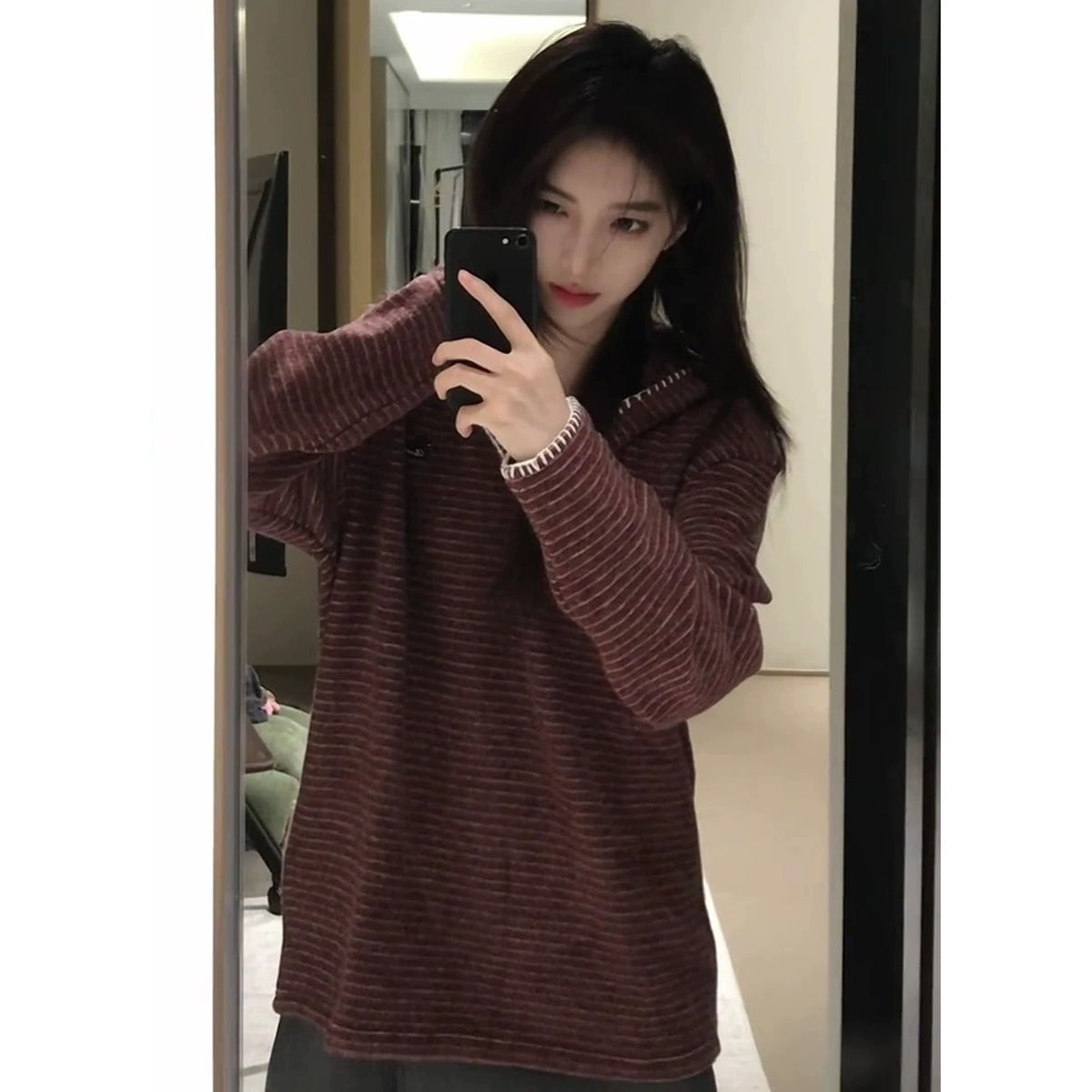 striped hoodie for women, loose fit, vintage thin long sleeve T-shirt