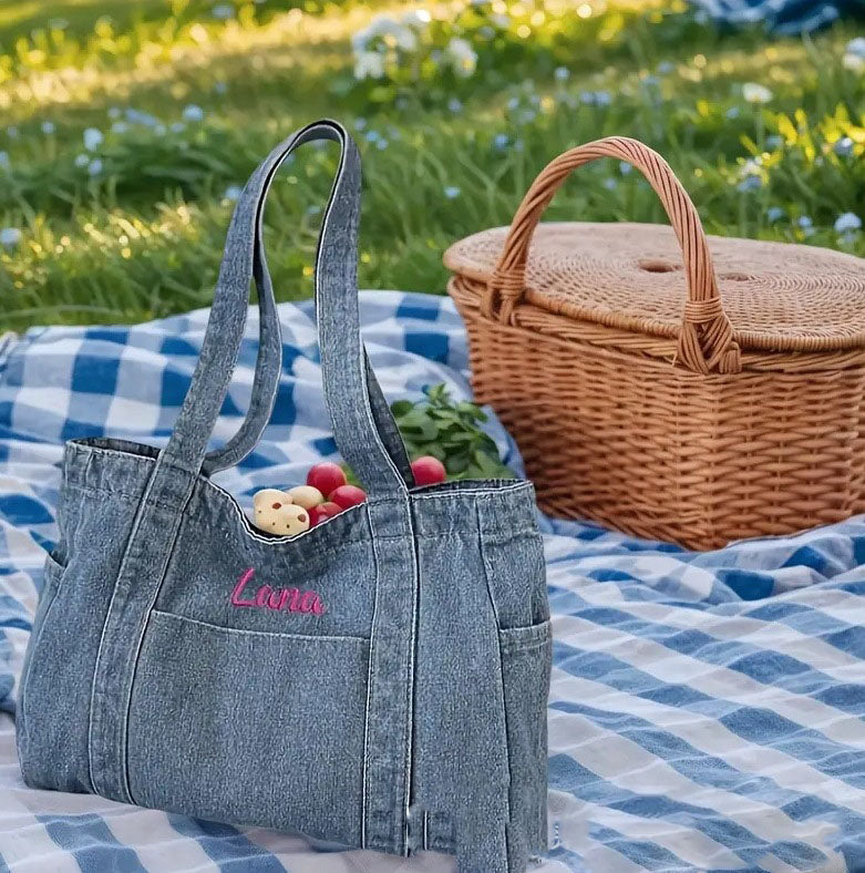 Custom Embroidered Women's Denim Tote Bag, Lightweight Versatile Shoulder Shopping Bag for School & Daily Use